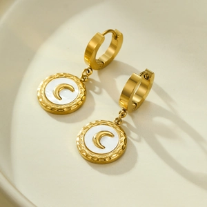 18K gold plated stainless steel hoop earrings with white shell and moon pendant design