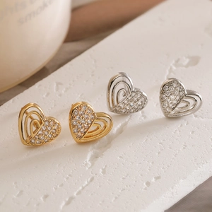 Minimalist Copper Rhinestone Heart Stud Earrings Hollow Design Elegant Gold Silver Color Earrings For Women Jewelry Gift