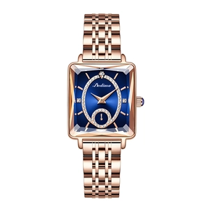 Elegant rose gold square women watch with deep blue dial and diamond-set markers