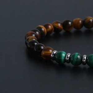 Malachite and tiger eye natural stone beaded bracelet set with stainless steel spacers