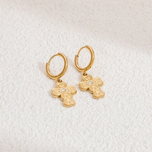 Gold stainless steel cross earrings with heart patterns and sparkling zircon stones