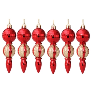 Set of 6 red and gold Christmas tree ornaments with glitter stripes and pointed tips