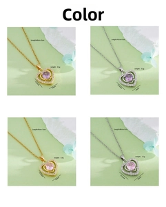 Detail specifications and four color options for the heart pendant zircon necklace