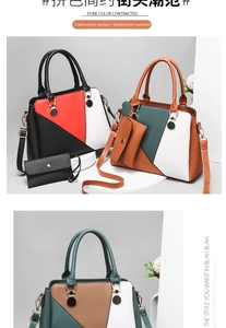 Detail view of stylish color-block handbag showing high-quality waterproof material and finish
