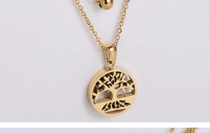 Close-up of golden hollow Tree of Life pendant featuring intricate cutout details