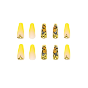 Yellow gradient coffin press-on nails with butterfly pattern and rhinestone accents