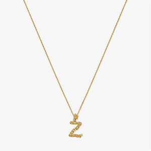 Macro detail of gold initial Z pendant with vintage bark texture and zircon accents