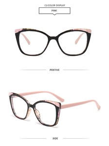 Detailed views of pink floral cat-eye glasses frame showing front and side angles