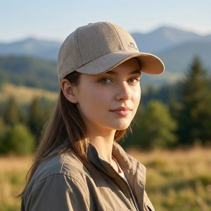 Khaki cotton baseball cap with long brim and FS FASHION logo worn outdoors in sunset
