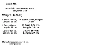 Tableau des tailles pour caraco en dentelle de coton avec mesures en cm pour S, M, L