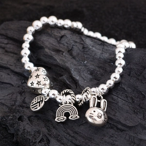 Exquisite silver beaded bracelet with heart, Fu character, and cute rabbit charms