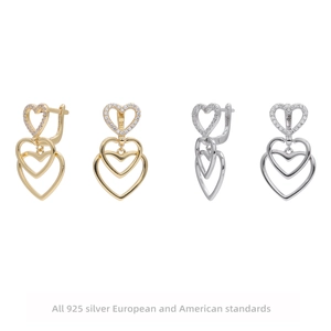 925 Sterling Silver Heart Drop Earrings For Women Zirconia Inlaid Gold Silver Plated Layered Heart Dangle Earrings Jewelry