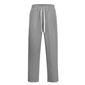 Men's gray knit wide-leg trousers with cable knit pattern and white drawstring