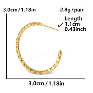 304 stainless steel gold hammered earrings showing 3.0cm diameter and 2.8g weight specs