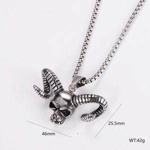 Retro stainless steel punk skull ram horn pendant necklace with size measurements