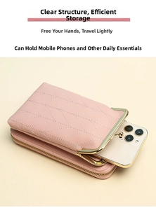 Detailed view of pink PU leather quilted phone bag with dual compartments and metal clasp