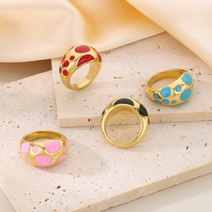 Retro 18K gold plated stainless steel wide rings with colorful enamel dots on stone