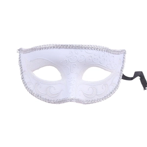 Vintage white masquerade half-face mask with silver floral embossing and black ribbon ties