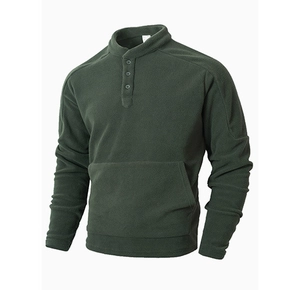 Men's dark army green fleece hoodie with three-button collar and front kangaroo pocket