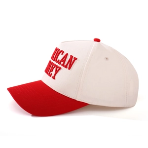 Close-up of red American Money 3D embroidery on beige and red baseball cap detail