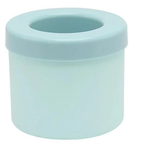 Blue cylindrical silicone ice cube maker mold with lid on a clean white background