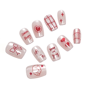 Sweet pink cat eye press-on nails set with red puppy, heart and bow-knot patterns