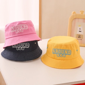 Kids Bucket Hat Cotton Canvas Sun Protection Smile Embroidery Wind Rope Wide Brim For Boys Girls