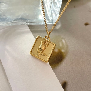 Rose Relief Pendant Necklace 925 Sterling Silver Square Floral Carving Vintage Retro Style For Women