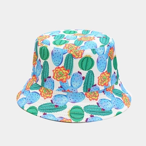 Detailed pattern of cactus and succulent prints on a foldable cotton bucket hat fabric