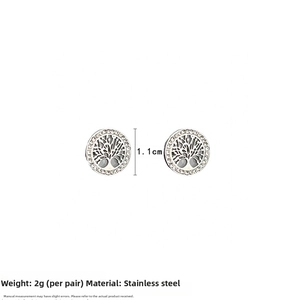 Detail showing 1.1cm silver stainless steel tree of life earrings with white crystals