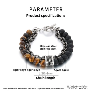 Detail view of double-layer men's bracelet with tiger eye beads and OT toggle clasp