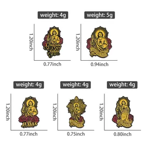 Size chart showing detailed dimensions and weight for religious enamel pins