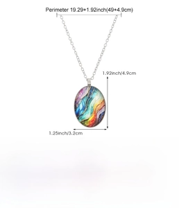 Detail showing colorful stone pendant necklace dimensions and alloy material specs