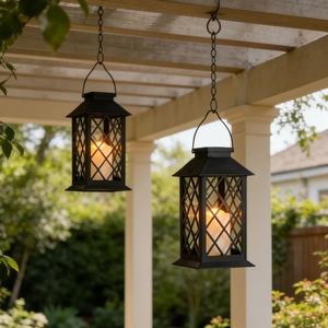 Retro black metal garden lanterns with LED candles hanging in a green garden