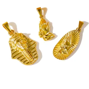 Gold Pharaoh and praying hands stainless steel pendants with polished finish