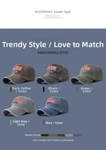 Flat lay of vintage washed cotton USA baseball caps in five assorted colors