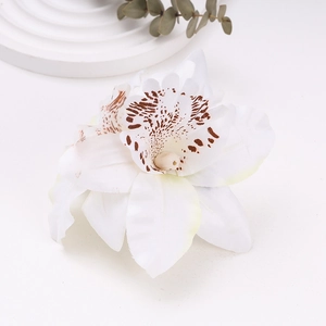 Detailed macro view of white artificial orchid petals with realistic texture and silk finish