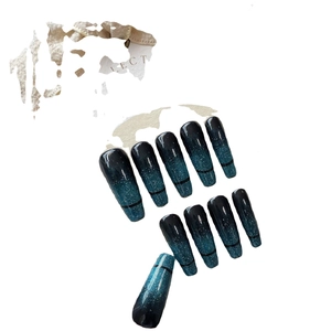 Green gradient cat eye coffin press-on nails with silver glitter and dark line accent