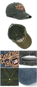 Detailed views of vintage washed cotton baseball cap with Sankra 18 embroidery and metal buckle