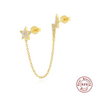 Asymmetric Star And Lightning Chain Stud Earrings Made Of 925 Sterling Silver With Zircon Inlay Fashion Jewelry For Women