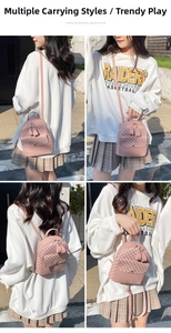 Pink mini PU backpack with geometric patterns shown in multiple carrying styles outdoors