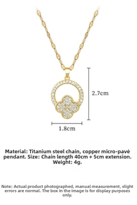 Detail of titanium steel clover necklace with cubic zirconia and dimensions data
