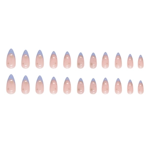 24pcs almond shape fake nails with nude base, lavender tips and golden star patterns