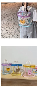Detailed view of clear jelly backpacks with colorful PVC material and cartoon badges