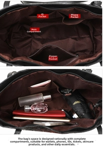 Interior layout of large tote bag showing main compartment and multiple pockets for storage