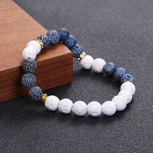 Retro weathered white volcanic stone and blue textured bead bracelet for couples