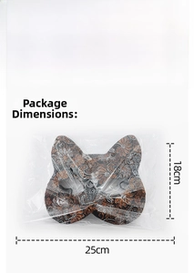 Detailed view of floral pattern cat face mask with gold glitter and packaging size 25x18cm