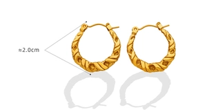 Detail showing 2.0cm gold twisted rope hoop earrings with minimalist metal texture