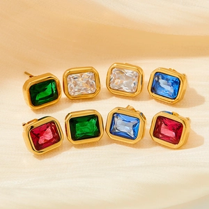 French vintage style square zircon earrings in red, green, blue and white colors