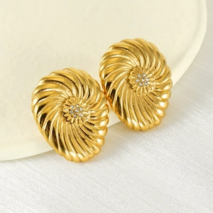 18K gold plated stainless steel spiral oval earrings with tiny flower diamond accents